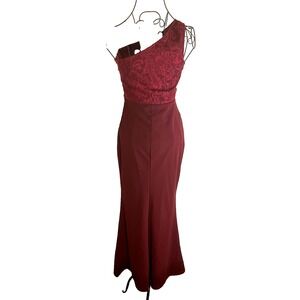 One Shoulder Burgundy Floral Pleated Waist High Side Slit Formal Dress